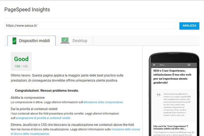 punteggio google page speed insight